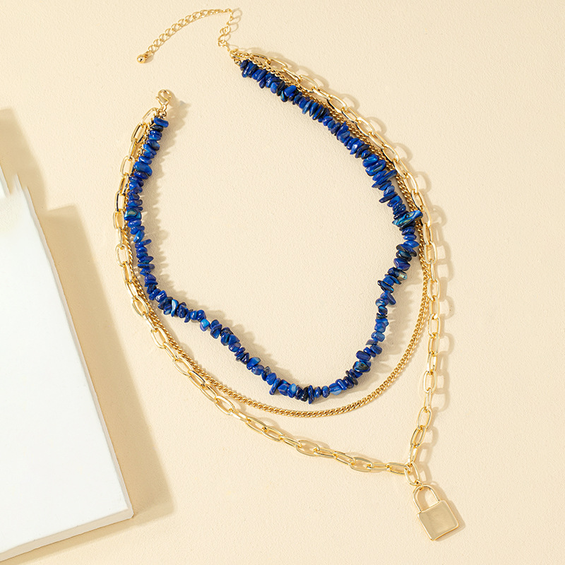 Multi-layer Lapis Lazuli Chain Lock Pendent Geometric Women's Necklace display picture 4