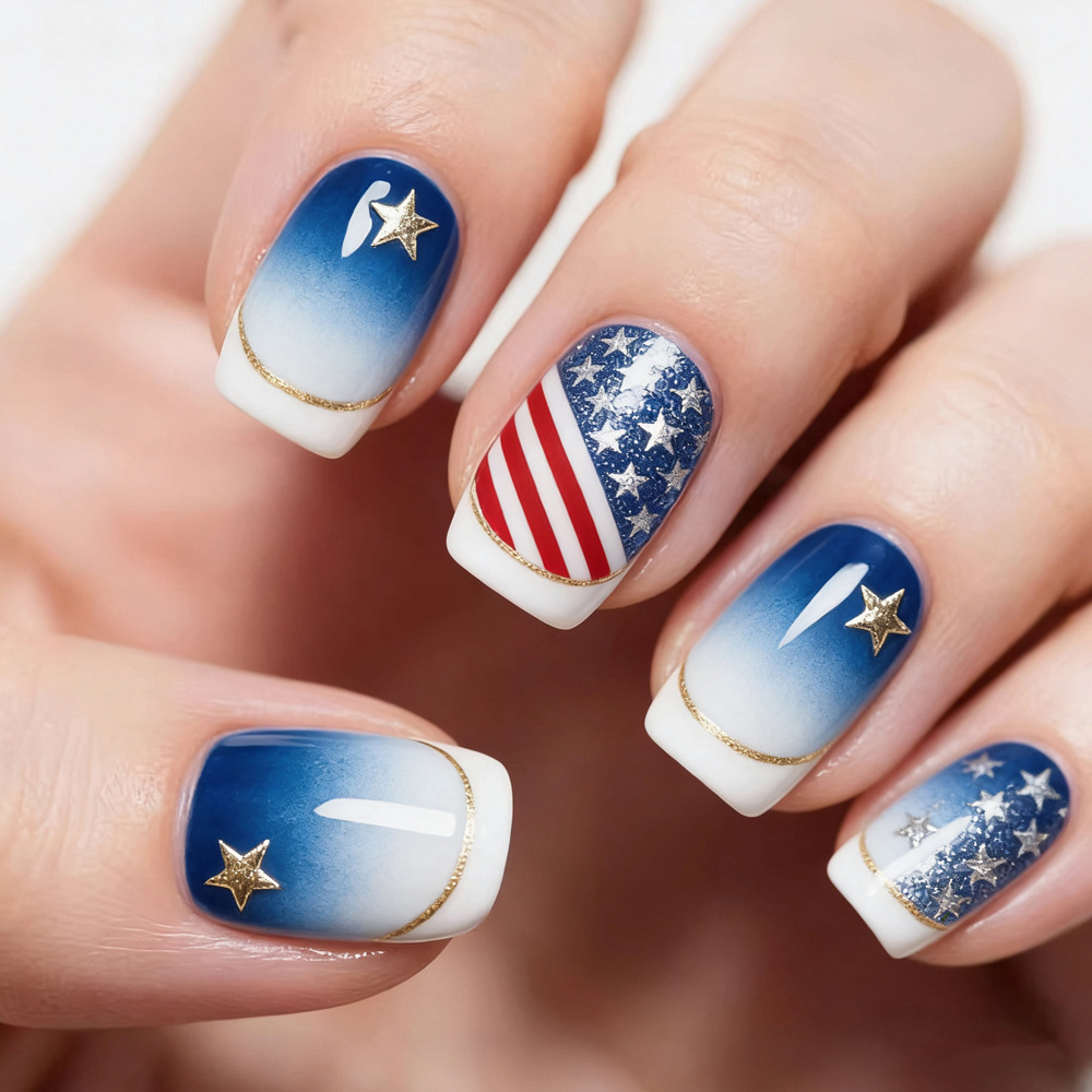 Día de la Independencia de Europa y los Estados Unidos, Phnom Penh, estilo francés, una atmósfera festiva, 24 piezas de uñas falsas, lote mixto.