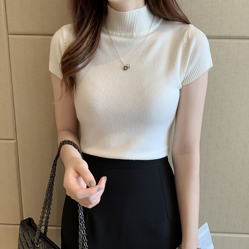 Core-Spun Yarn Spring, Summer and Autumn New Half-High Neck Base Shirt Women's Short-Sleeved Knitted Shirt Inner Tight Sweater Vest Top
