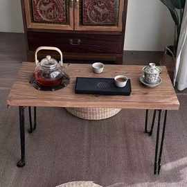 户外老榆木围炉桌长方形小茶桌可折叠庭院煮茶餐桌实木火锅烧烤桌