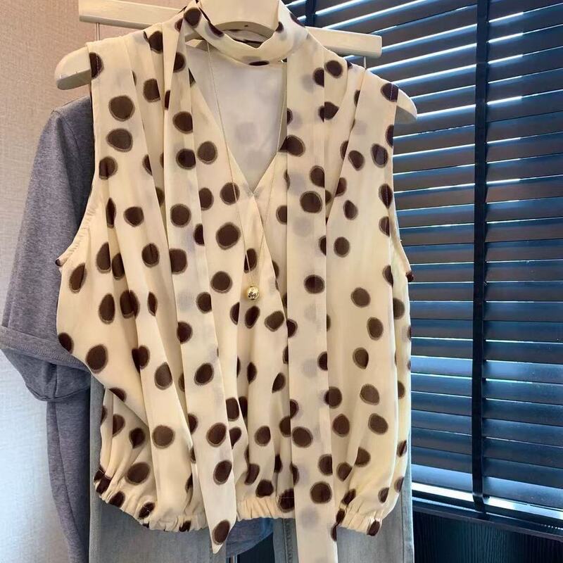 French-Style Ribbon Sleeveless Chiffon Shirt, New Summer Korean Style Unique and Stylish Polka Dot Camisole Top, Sleeveless