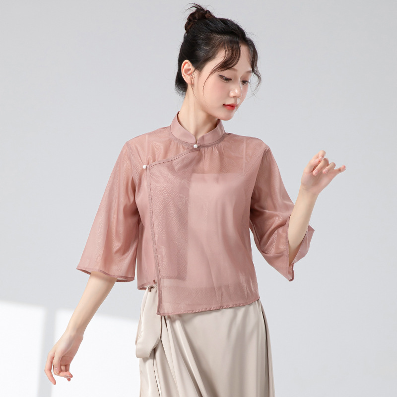 新中式古典舞练功服女新款中袖立领盘扣舞蹈服上衣国风日常演出服|undefined