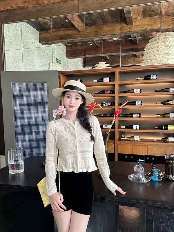 「Zhiyuan Cardigan」16 Stitches 48 Count Worsted Wool Thin Lace Knitwear Women's Summer Slim Fit Cut Out Long Sleeves