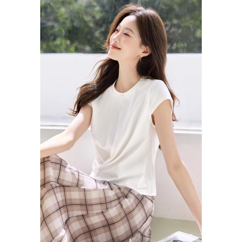 カジュアルデザイン不規則ツイスト半袖2025夏新作右肩スリムフィットTシャツ|undefined