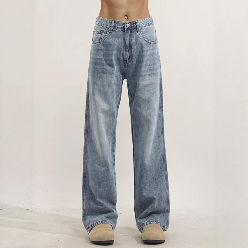American Retro Washed Light Blue Flared Jeans Men's Trendy Versatile Loose Wide-Leg Straight Pants American Retro Washed Light Blue Flared Jeans Men's Trendy Versatile Loose Wide-Leg Straight Pants