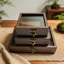 复古木质收纳盒桌面首饰手串手办独立式翻盖储物盒文玩透明展示盒