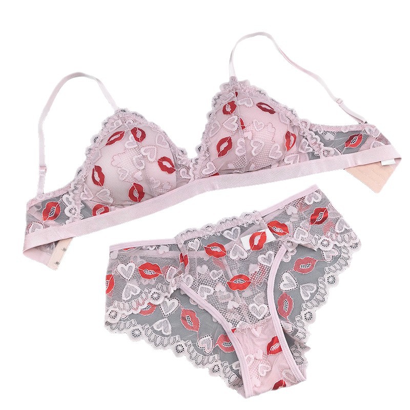 Europa y América sexy transfronterizos ropa interior de encaje de mujer bordado de impresión labial francesa para reunir ropa interior de pecho conjunto de bra