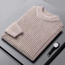 跨境外贸冬季新款男士半高领保暖毛衣中青年时尚简约纯色针织衫男