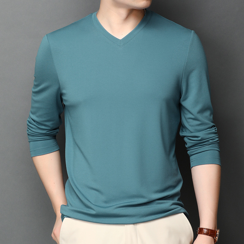 Autumn Men's Mulberry Ice Silk Large Size Long-Sleeved T-Shirt Youth Classic V Neck Bottoming Shirt Pure Color Inner Top Trendy
