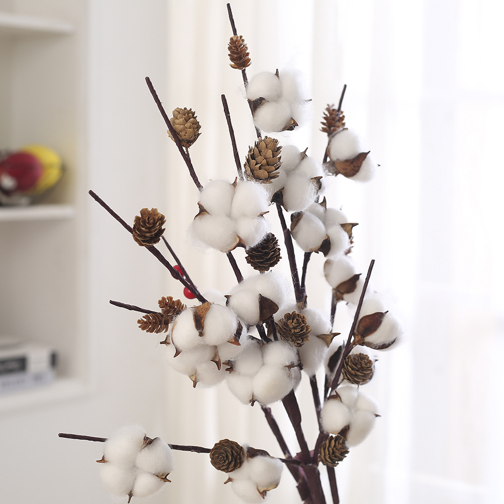 Envío Gratis, Flores Secas, Ramas Decorativas de Algodón, Adornos para Mesa de Navidad y Año Nuevo, Frutos Rojos Artificiales, Flores Falsas, Plantas Verdes