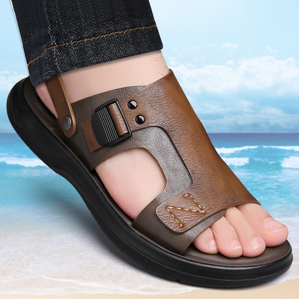 Dép sandal nam quai ngang đế mềm lót cao su non, đi biển và lái xe đa năng — Màu nâu, màu xám
