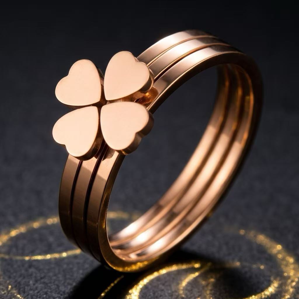 Anillo de acero inoxidable, nicho femenino, lujo ligero de alta gama, sin decoloración, oro rosa, diseño de gypsophila, joyería femenina