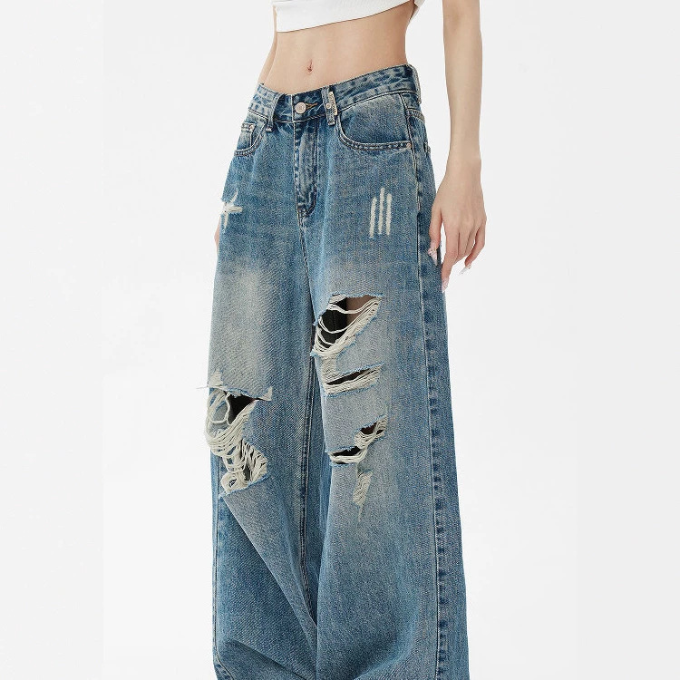 American retro ripped jeans for women, summer thin loose wide-leg straight pants, washed version, good fit, versatile pants American retro ripped jeans for women, summer thin loose wide-leg straight pants, washed version, good fit, versatile pants