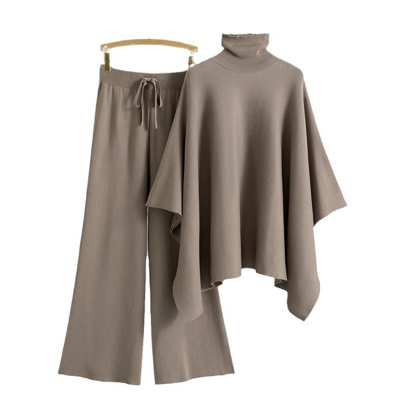 Women's Clothing autumn and winter new two piece suit for women with high collar cape, knitted sweater, wide leg pants, temperament suit_voghion.com