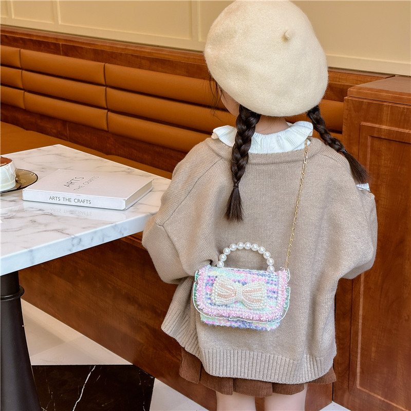 Colorido lentejuelas de los niños bolsa arco accesorios princesa estilo occidental perla bolso coreano mini cadena mensajero bolsa