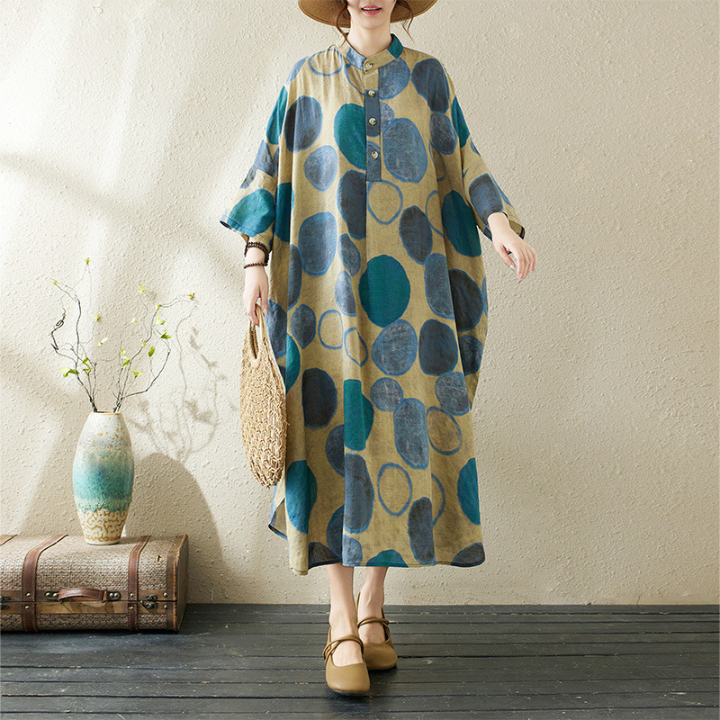 2024 Summer New Temperament Artistic Retro Cotton and Linen Printing Collar Loose Super Long plus size Vacation Foreign Trade dress 2024 Summer New Temperament Artistic Retro Cotton and Linen Printing Collar Loose Super Long plus size Vacation Foreign Trade dress