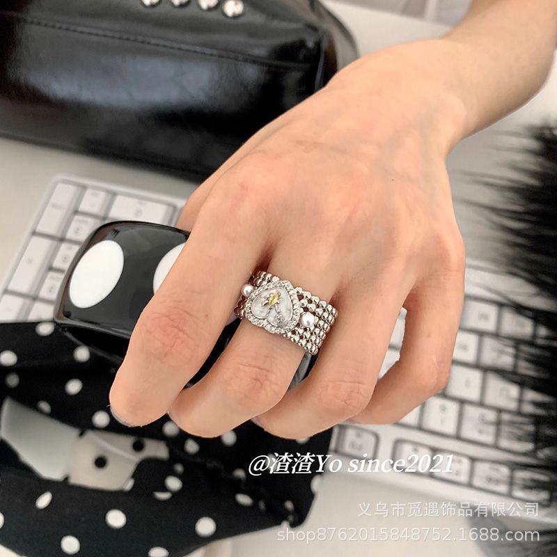 Korean Style Heart Pearl Starburst Wide Ring Women's Accessible Luxury Simple Dripping Glaze Index Finger Ring High-End Elegant Ring