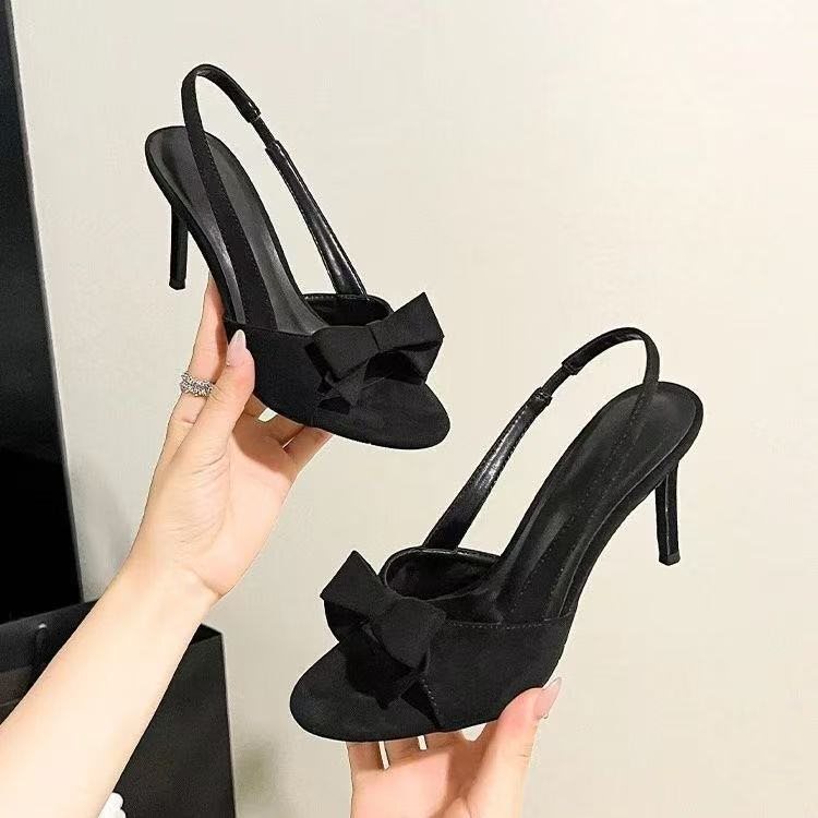 High-Heeled Women's Shoes 2025 Summer New Style, Look Great on the Feet~ Retro Black Bowknot Open-Toe Fish Mouth Sandals with a Cool Vibe