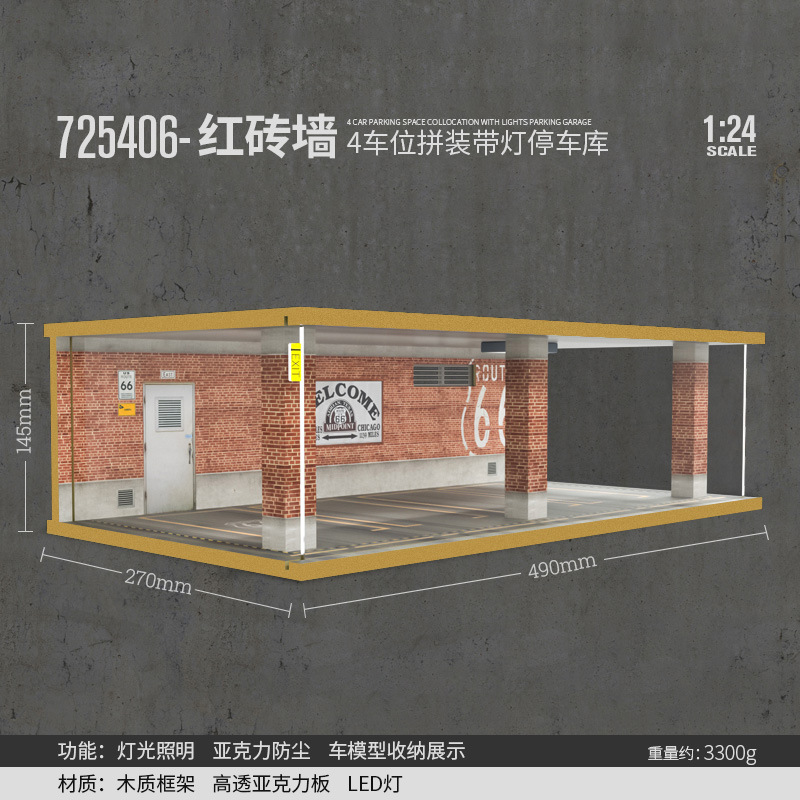 Comercio exterior al por mayor transfronterizo 1 24 simulación modelo de coche estacionamiento modelo escena garaje pantalla con decoración ligera