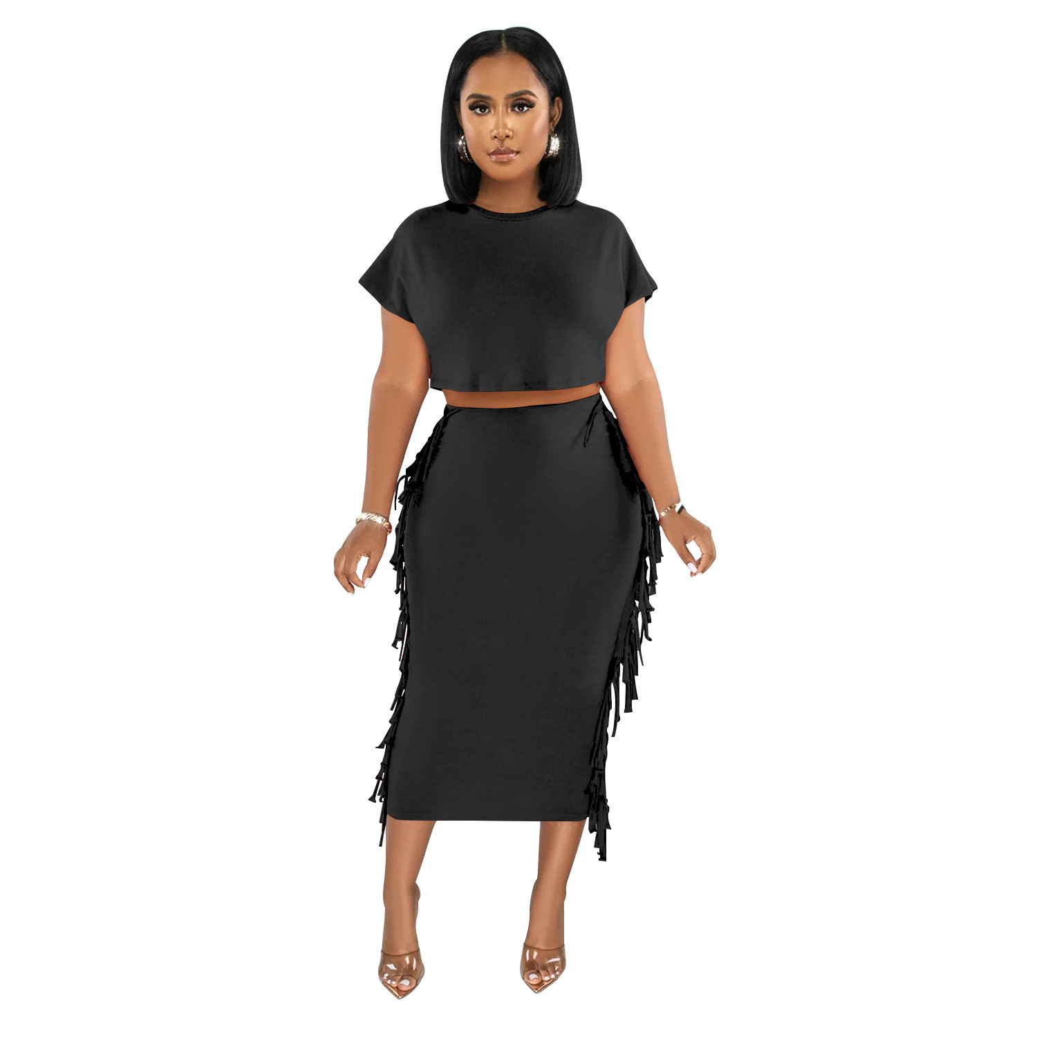 X6331 transfronterizo AliExpress Amazon ropa de mujer de moda europea y americana borla de color sólido cuello redondo Vestido de manga corta conjunto de dos piezas