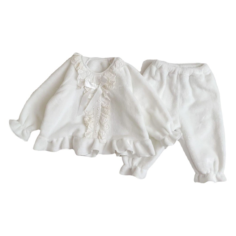 Corea del Sur ins Otoño e Invierno lindo encaje franela bebé niña pijamas infantil princesa desgaste del hogar de dos piezas de espesor