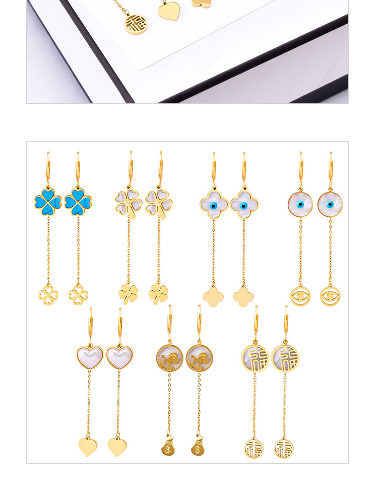 Women'S Gender Inlay Design Fashion Style Fashion Four Leaf Clover Devil's Eye Heart Shape Titanium Steel Inlay Shell Drop Earrings 1 Pair