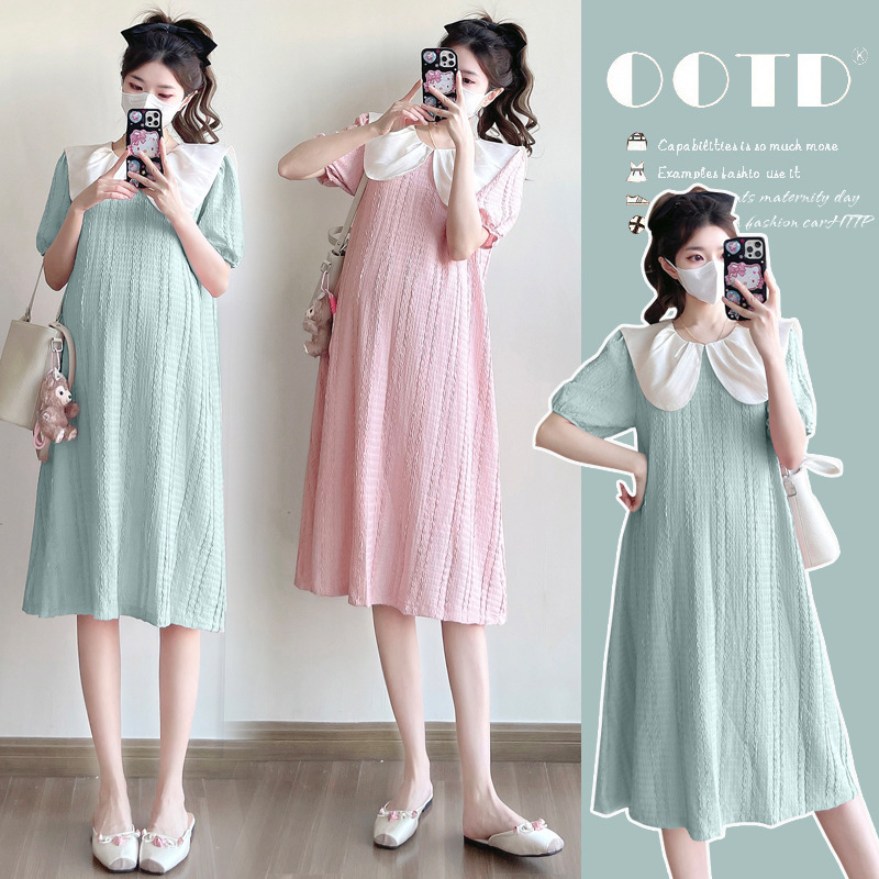 2926 Summer New Sweet and Fashionable Doll Collar Textured Age-Reducing Short-Sleeved Maternity Dress 2926 Summer New Sweet and Fashionable Doll Collar Textured Age-Reducing Short-Sleeved Maternity Dress