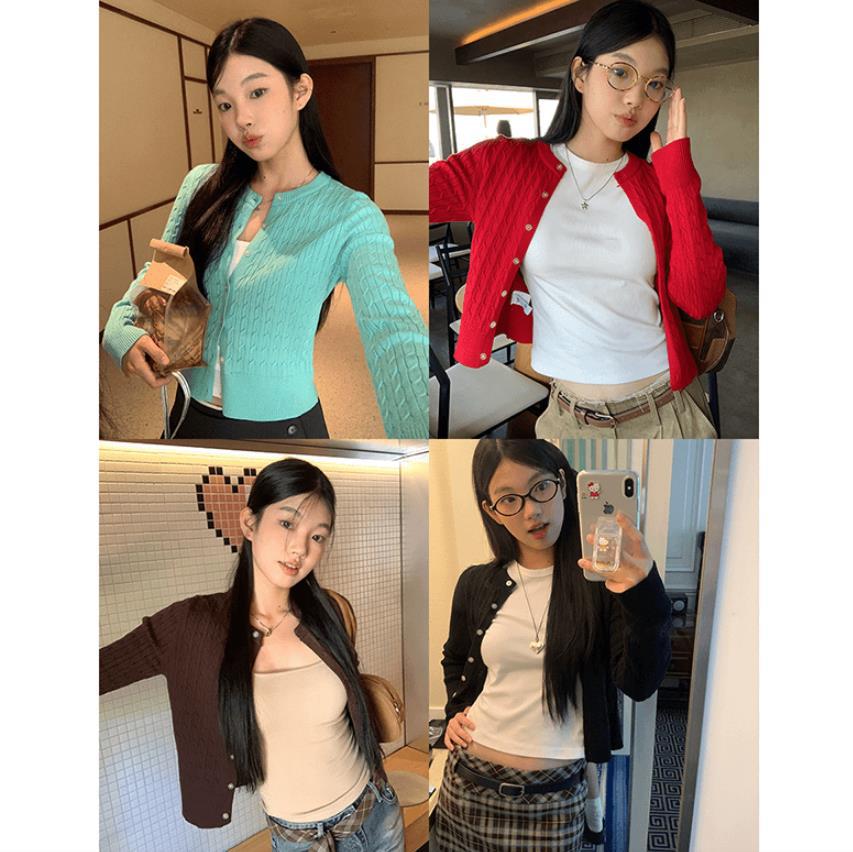 American Round Neck Twist Sweater Knitted Cardigan Jacket Women's Autumn New Slim-fit Outer Short Long-sleeved Top