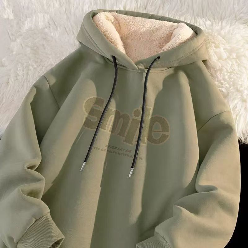 Lamb Velvet Sweatshirt Men's Autumn and Winter Heavy Hooded Student Casual All-match Trendy Brand Windproof Thickened Warm Top