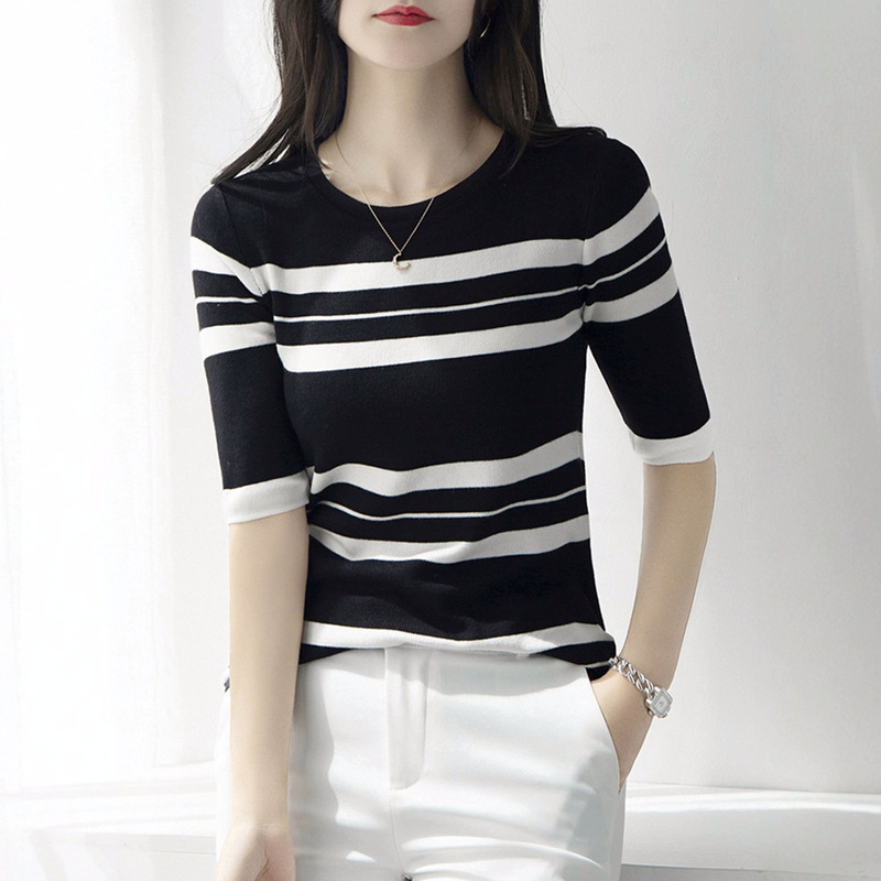 2025 New Black and White Striped Mid-sleeve T-shirt Women's Ice Silk Knitted Sweater Slim-fit Half-sleeve Base Shirt French Top for Women