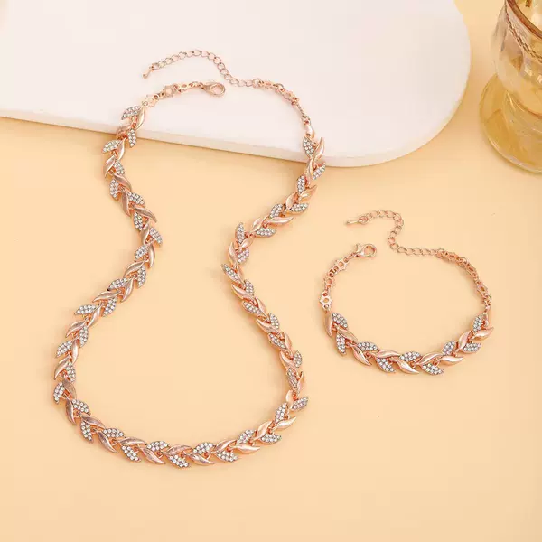Cross-Border Hot-Selling Personalized Light Luxury Willow Leaf Diamond Bracelet Necklace Set Glittering Mermaid Full Diamond Banquet Jewelry for Women