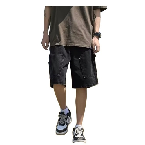 Workwear denim shorts for men, summer loose-fit straight-leg cropped pants, trendy American-style casual mid-length pants.