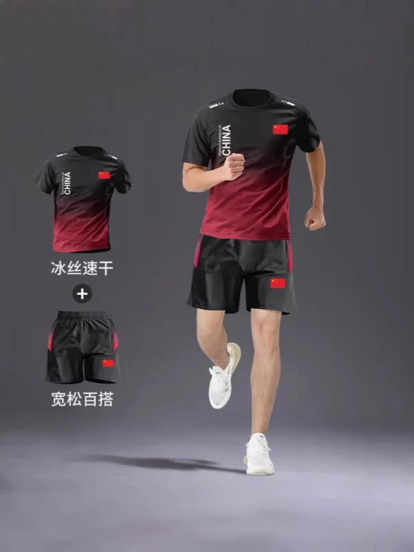 中国チームメンズスポーツスーツツーピース速乾性卓球カジュアル半袖5点パンツランニングフィットネススーツ|undefined