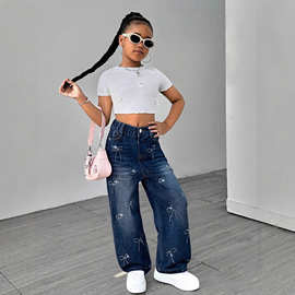 童装牛仔工厂四季款儿童宽松阔腿休闲牛仔女孩子蝴蝶结烫钻牛仔裤