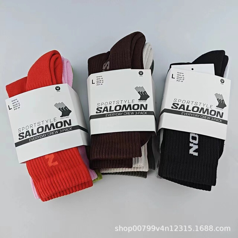 Socks Salomon Men's and Women's Same Style Towel Bottom Mid-Calf Socks Salomon Sports Cotton Socks Long Tube Breathable 3 Pairs