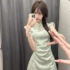 新中式连衣裙子女夏季改良国风旗袍气质高级感收腰小飞袖绿色短裙