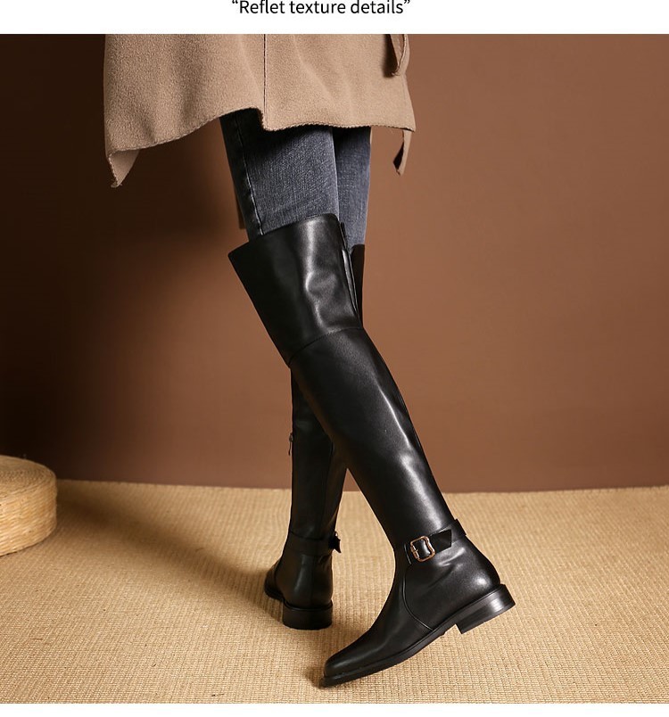 22 New Slim Leg Over Knee Long for Women Low Heel Flat Bottom Black High Barrel Autumn/Winter Single with Velvet Knight_voghion.com