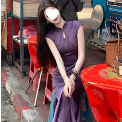 プリント夏の中国風半袖チャイナドレス女性のスリムウエスト薄い V ネックノースリーブ新中国風紫蝶スカート
