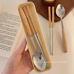 Simple smiley cylindrical chopsticks spoon Fork tableware suit wooden handle stainless steel three-piece set student convenient tableware