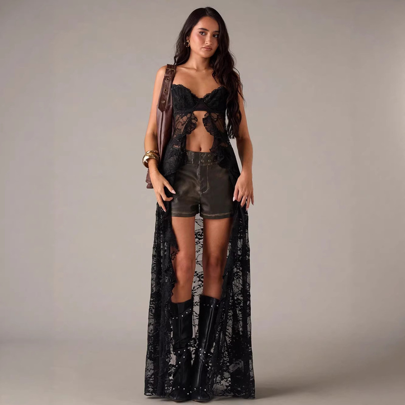 European and American lace strapless see-through long dress with mesh cardigan cover-up, Y2K style dark fantasy party camisole 447