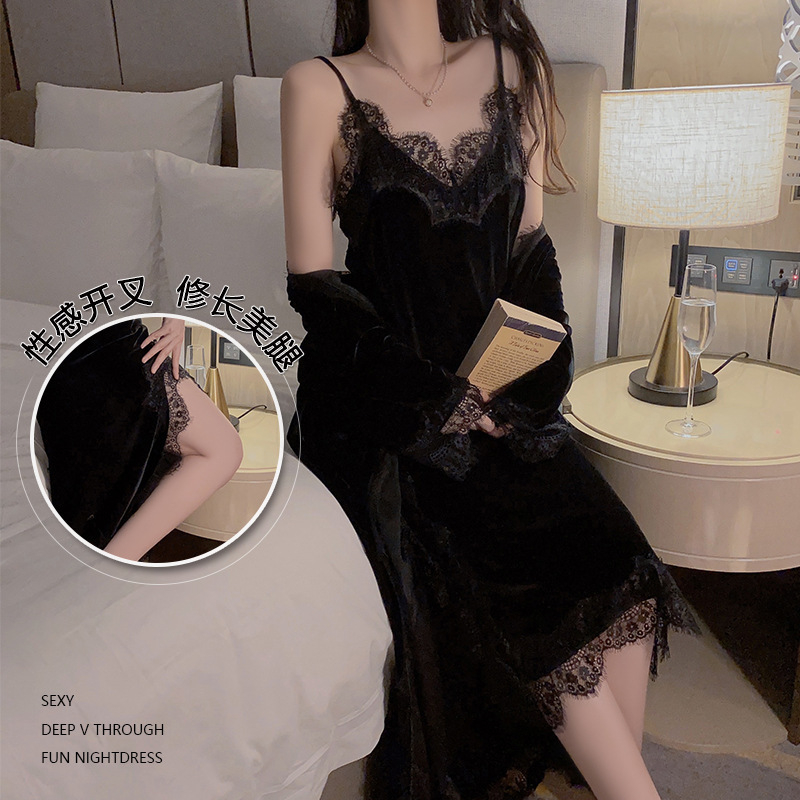 Rose Velvet Long Nightgown with Slit, Alluring Nightdress with Lace Suspenders, Outer Robe Women's Set 232 Rose Velvet Long Nightgown with Slit, Alluring Nightdress with Lace Suspenders, Outer Robe Women's Set 232