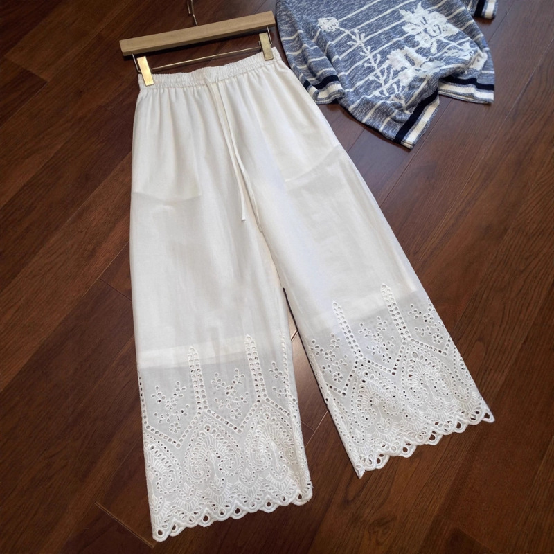 So Comfortable to Wear! Summer Refreshing High-Waisted Drawstring Hollow Embroidery Cropped Wide-Leg Casual Pants for Women