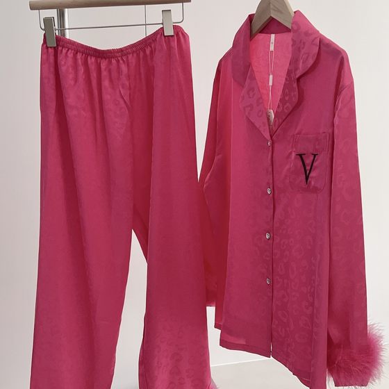 Long-sleeved Ice Silk Pajamas High-end Feather Loose Women's Spring and Autumn Outfit Home Clothes suit
