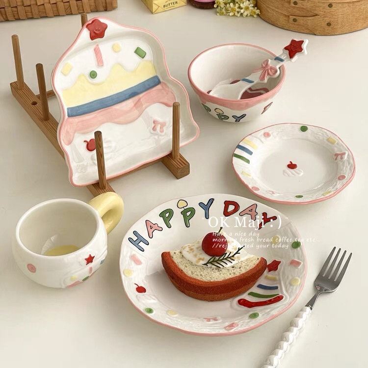 Ins Style Breakfast Plate with High Color Value Girl's Heart Household Ceramic Bowl Plate suit 2025 New Cake Dessert Plate