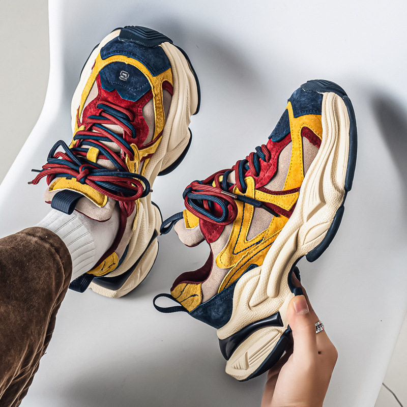 Giày sneaker nam phong cách giày bố đế lốp, da nhân tạo, gót 3–5 cm — màu vàng, màu xám đen, đen
