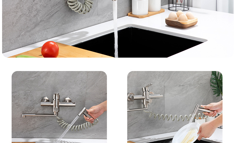 Black cold and hot stainless steel wall-mounted multi-functional extended nozzle with spray gun Russian double-hole kitchen faucet undefined