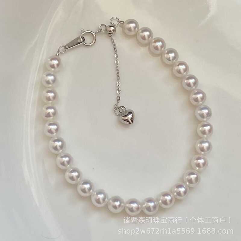 Zhuji Natural Freshwater Akoya Pearl Bracelet 5-6mm Perfectly Round, Aurora Effect, Basically Flawless, Simple and Versatile for Layering