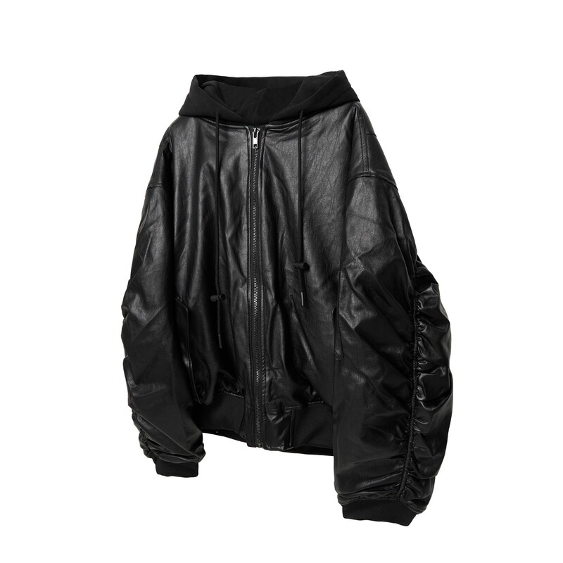 MaxDstr 美式重磅bomber假两件拼接连帽加厚pu皮棉服外套男女棉衣|undefined