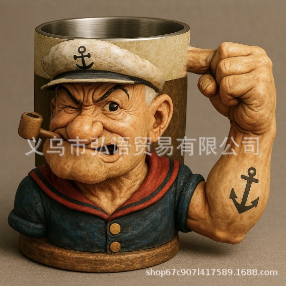 跨境新款独立站新款带内胆 Popeye Power Mug3D 派恩达力量马克杯