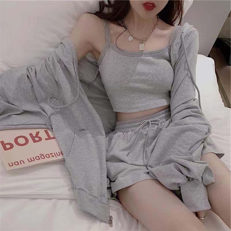 Japanese Style Casual Sports suit Women's Shorts Sling Hoodie Three-Piece Set Hong Kong Style Casual Fitness Fashion Women's Clothing